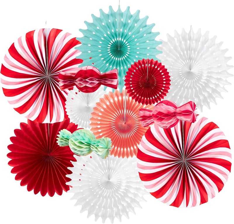 paper jazz 12pcs Candy Paper Fans Christmas Decoration,Candy Honeycomb Christmas Decorations,White and Red Xmas Decoration Wall/Ceiling for Classroom,Bulletin Board,Winterwonderland,Office Decor. - Image 1